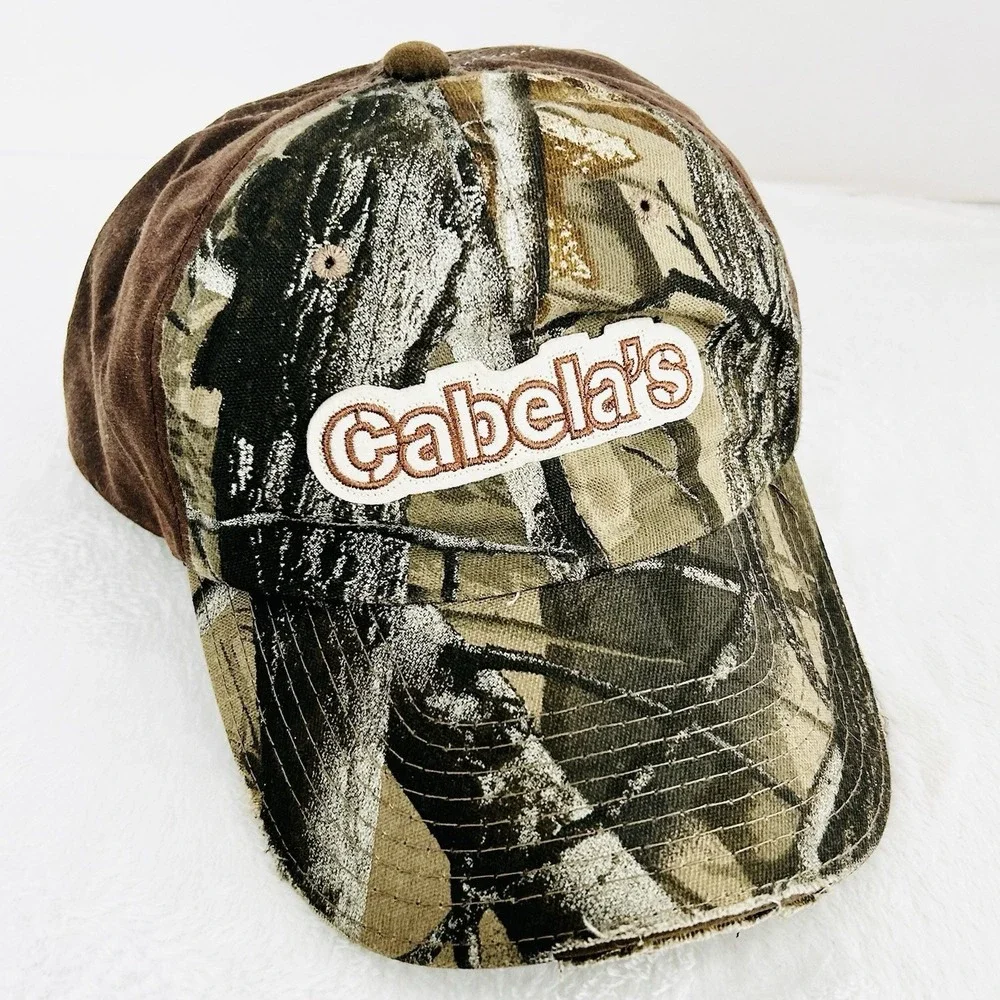 Cabela's Logo Outdoors Camo Hunting Hat Cap Adjustable Strapback Brown Workwear